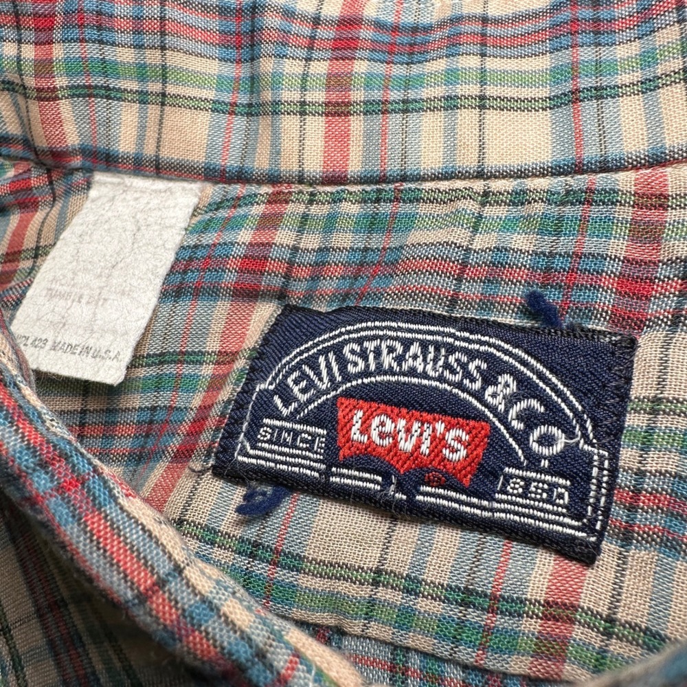 Vtg Levi Strauss‎ & Co Button Shirt Mens L Regular Tan Blue Red Plaid Cotton USA - Picture 7 of 14